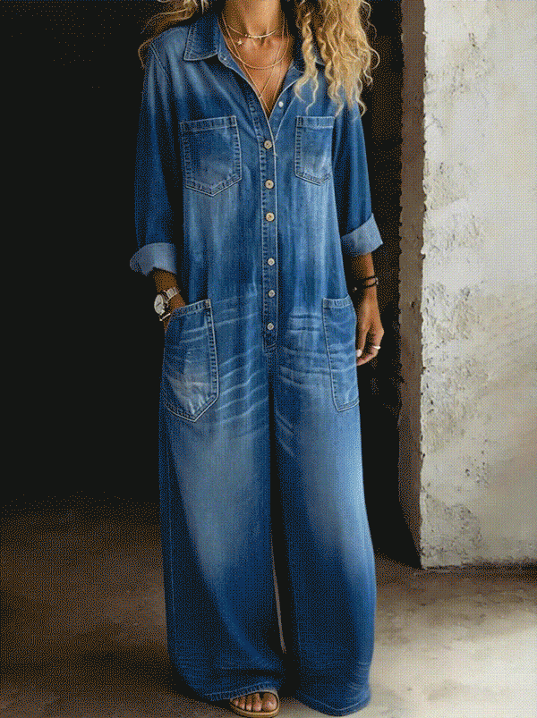 Odette™ | Combinaison en jean longue avec boutonnière et ceinture