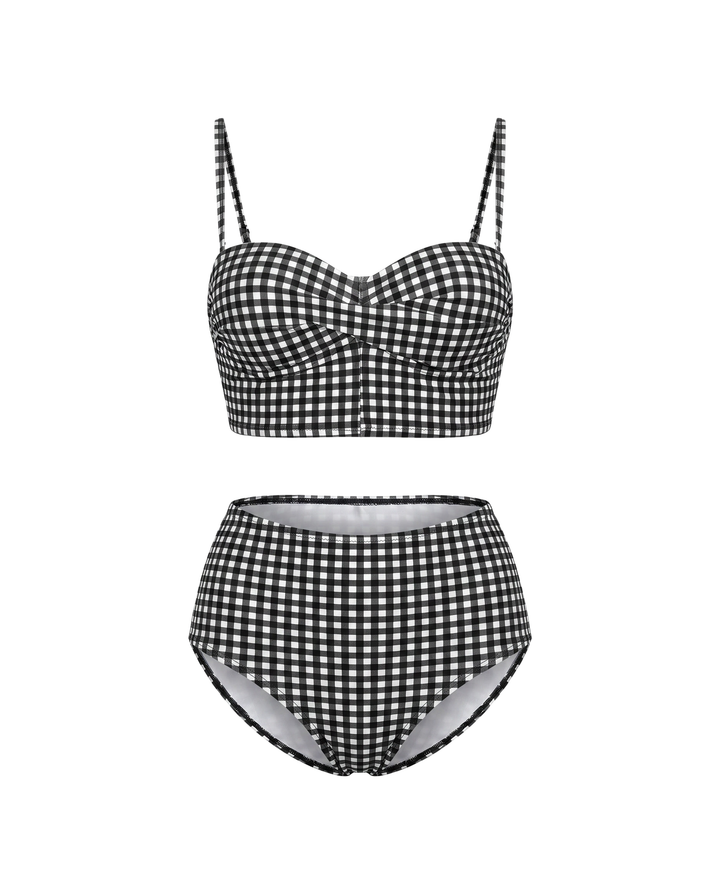 Bikini à Taille Haute à Motif Carreaux
