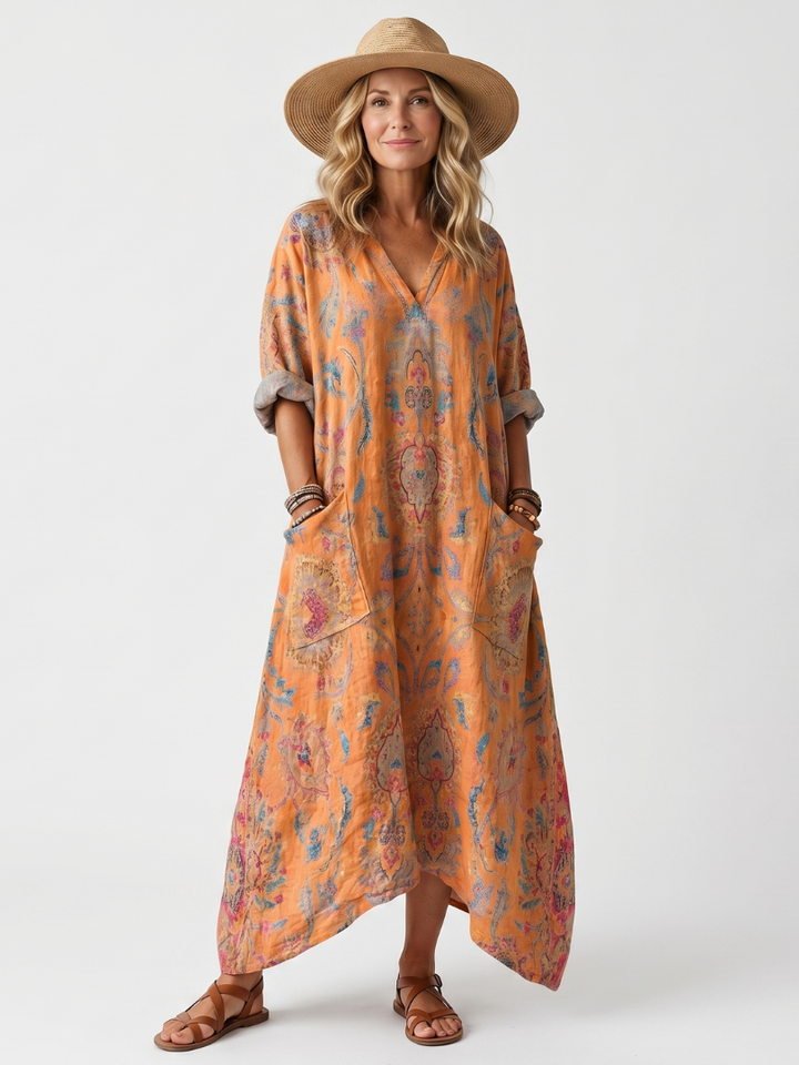 Alix | Robe midi oversize à encolure en V imprimée avec poches