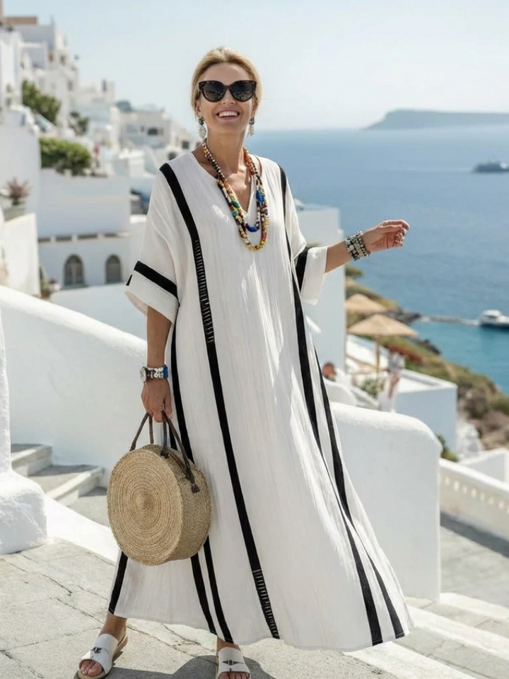 Clémentine | Robe Maxi Rayée à Manches Courtes