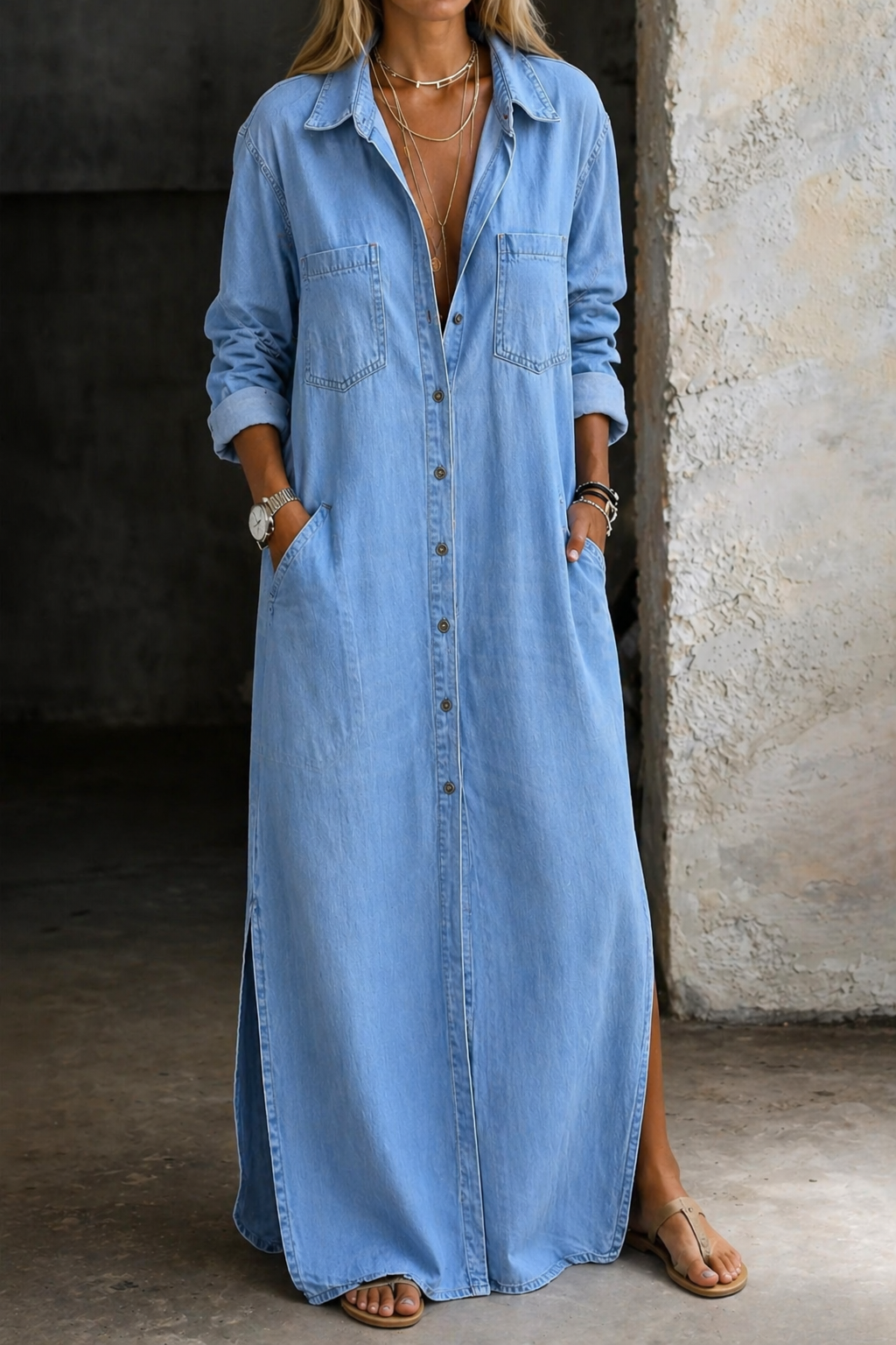 Amelia™ | Robe maxi chemise avec boutonnage et fente