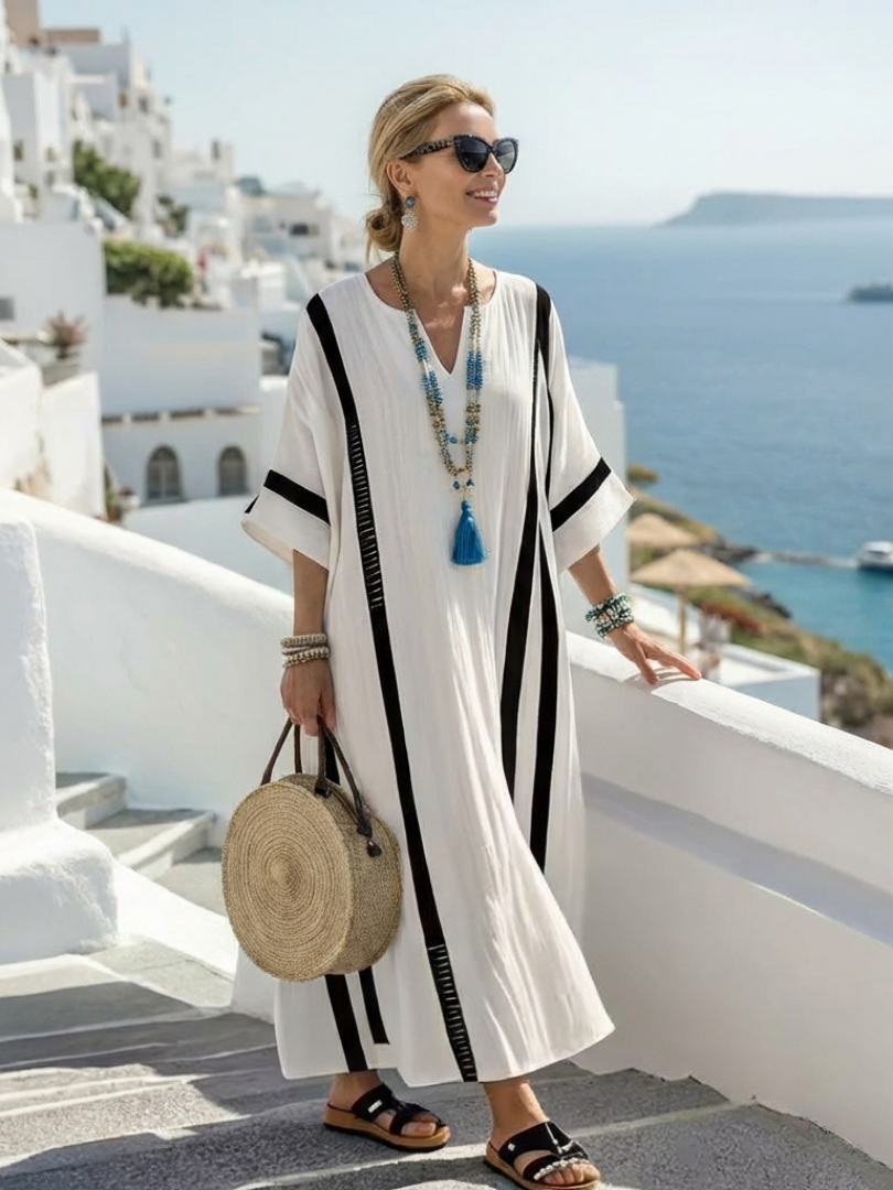 Clémentine | Robe Maxi Rayée à Manches Courtes