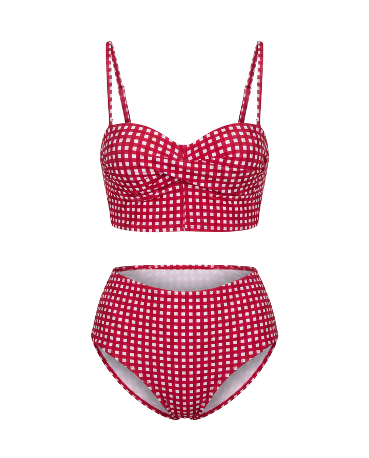 Bikini à Taille Haute à Motif Carreaux