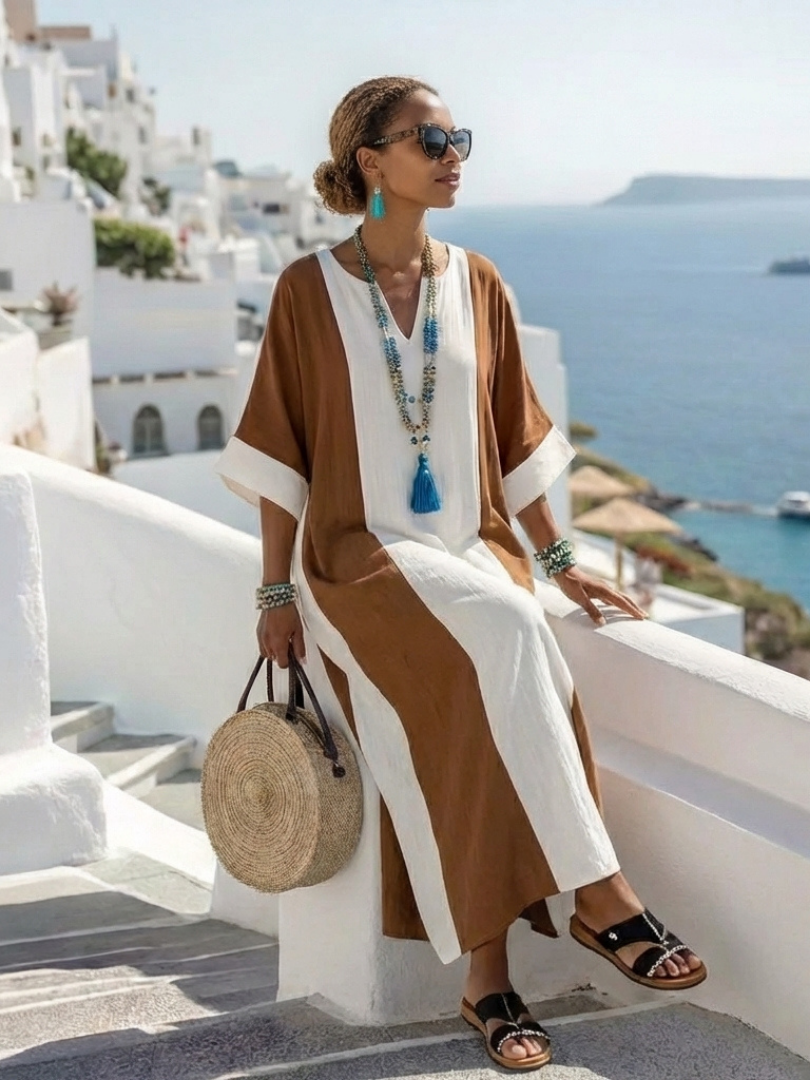 Romane | Robe Maxi Détendue à Manches Courtes en Deux Couleurs