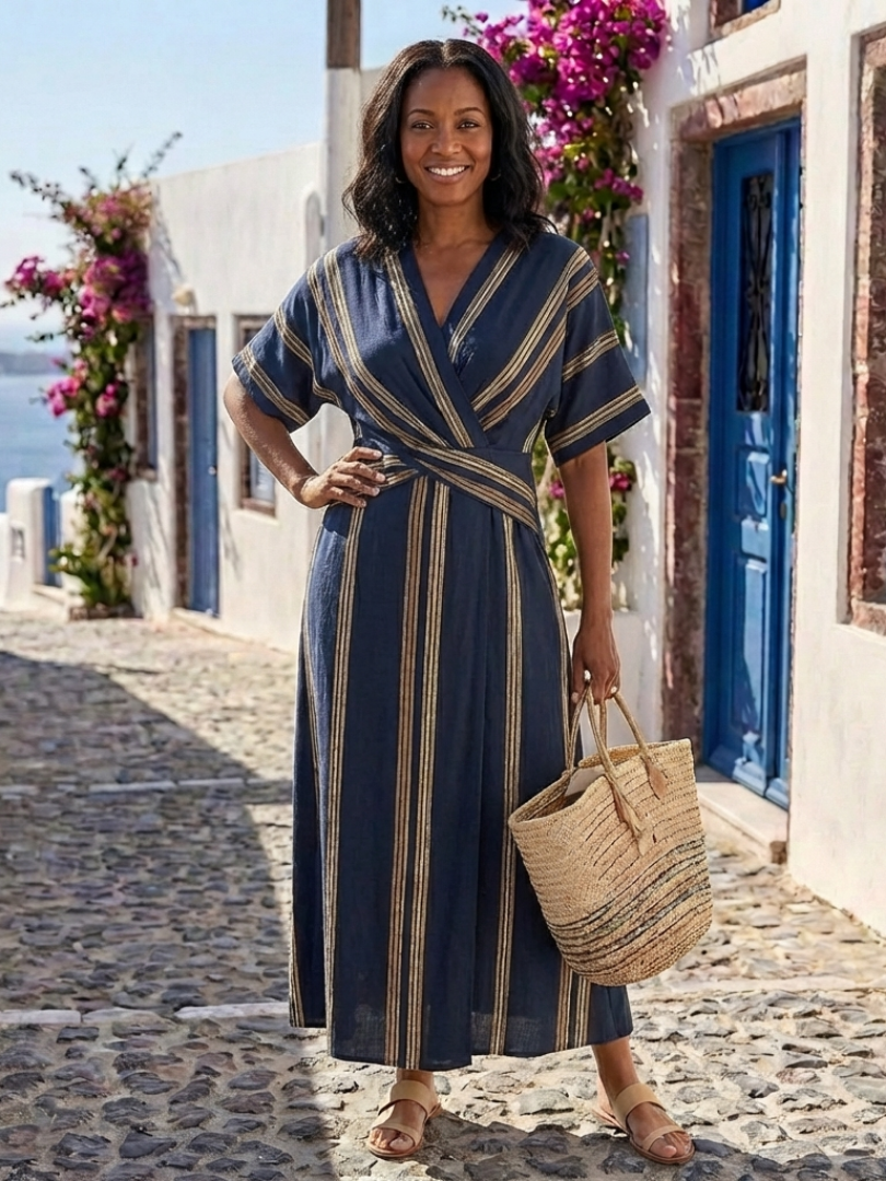 Marie | Robe midi rayée à col en V avec manches courtes