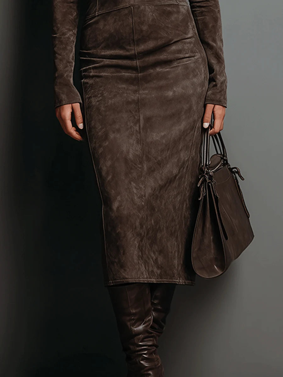 Ida | Robe Midi en Suède avec Col Haut