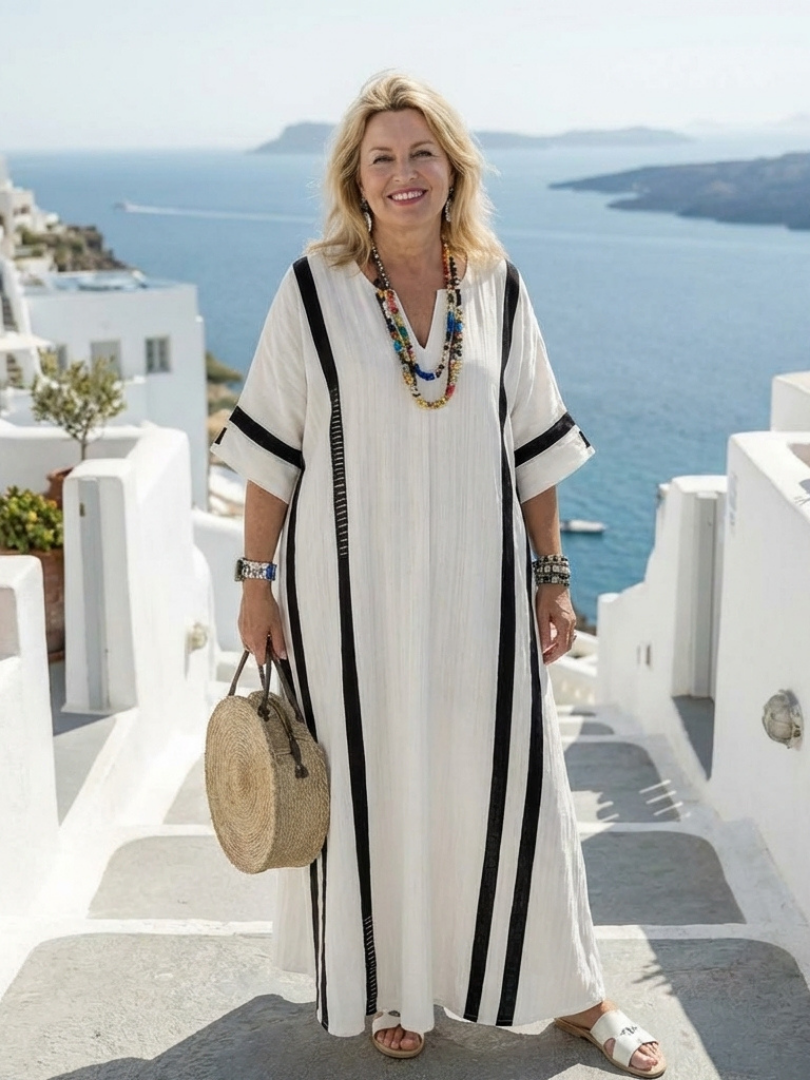 Clémentine | Robe Maxi Rayée à Manches Courtes