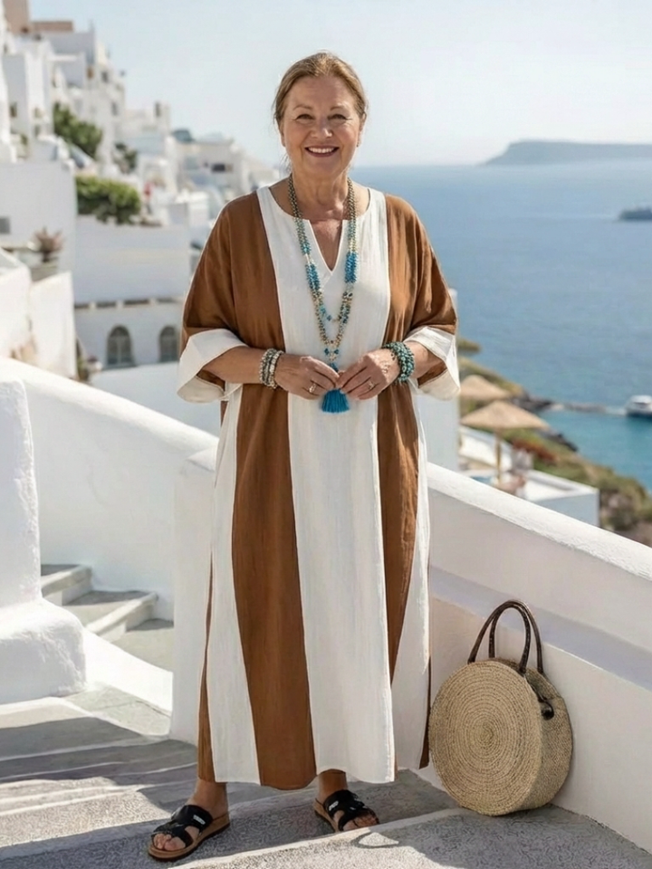 Romane | Robe Maxi Détendue à Manches Courtes en Deux Couleurs