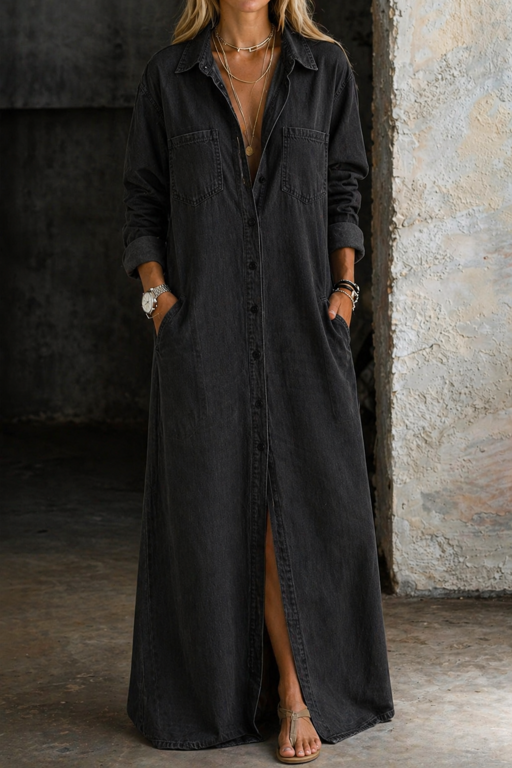 Amelia™ | Robe maxi chemise avec boutonnage et fente