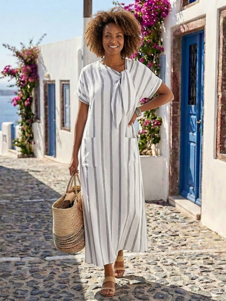 Aurélie | Robe midi rayée avec col noué et poches