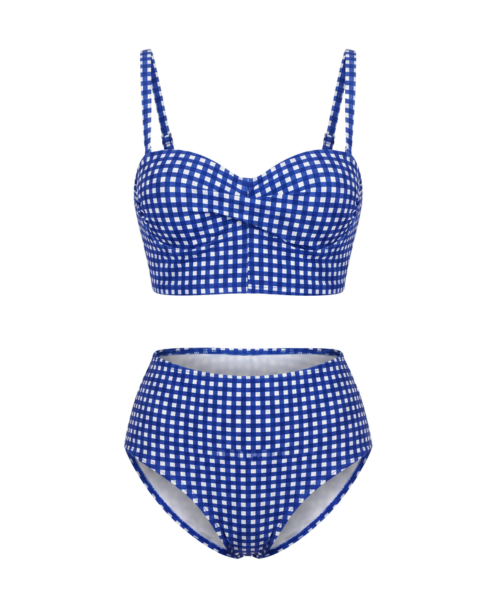 Bikini à Taille Haute à Motif Carreaux