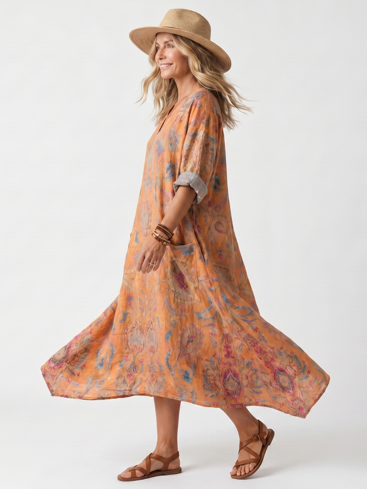 Alix | Robe midi oversize à encolure en V imprimée avec poches