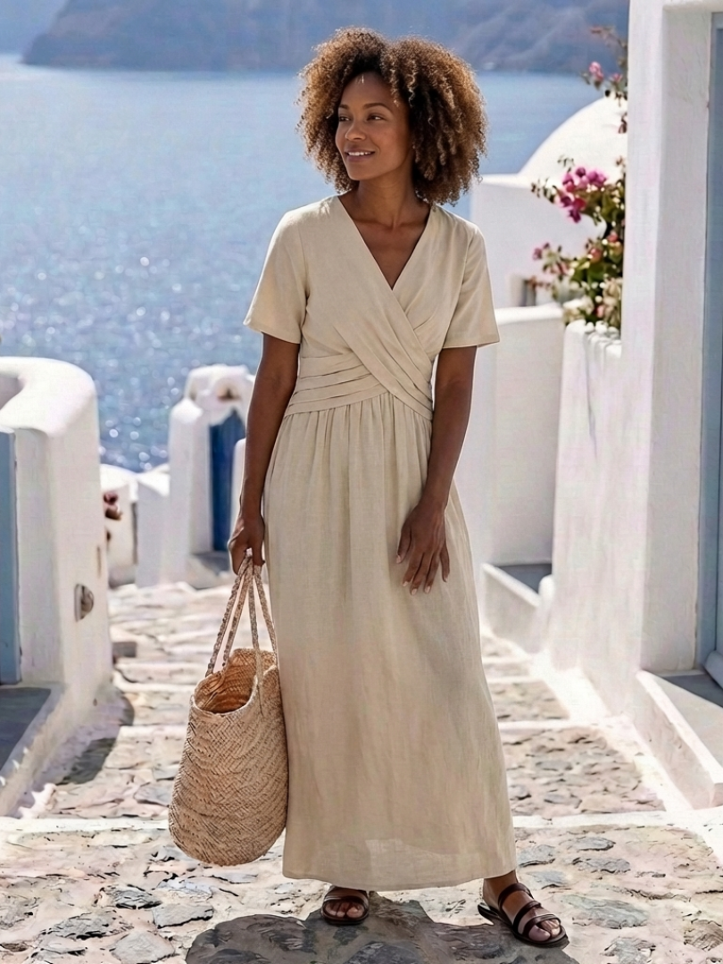 Eudoxie | Robe Midi Croisée à Manches Courtes