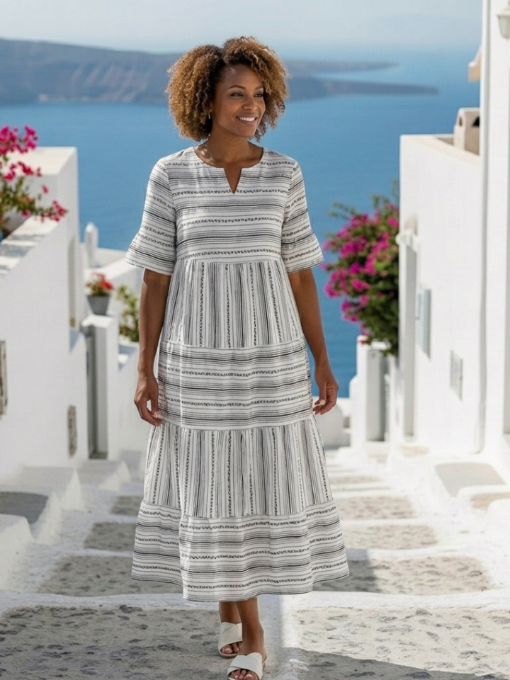 Fabienne | Robe midi rayée à manches courtes
