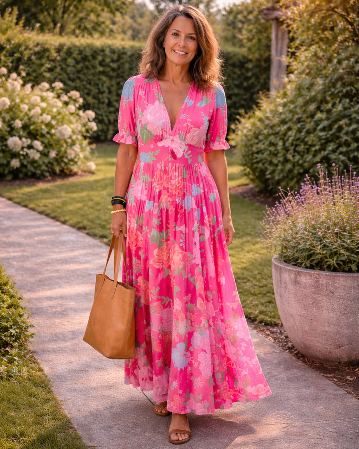 Mélanie | Robe Midi Florale Sans Manches avec Décolleté en V