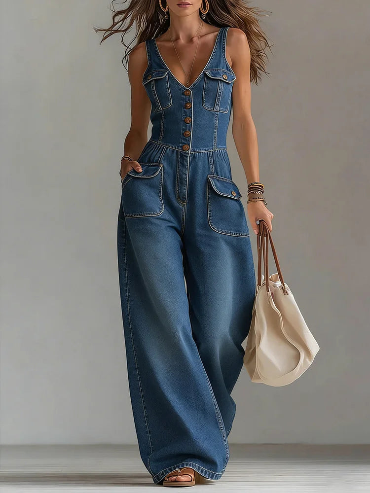 Judith™ | Salopette longue en denim ample avec jambes larges