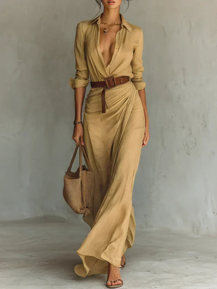 Brigitte | Robe Maxi avec Revers et Ceinture à la Taille