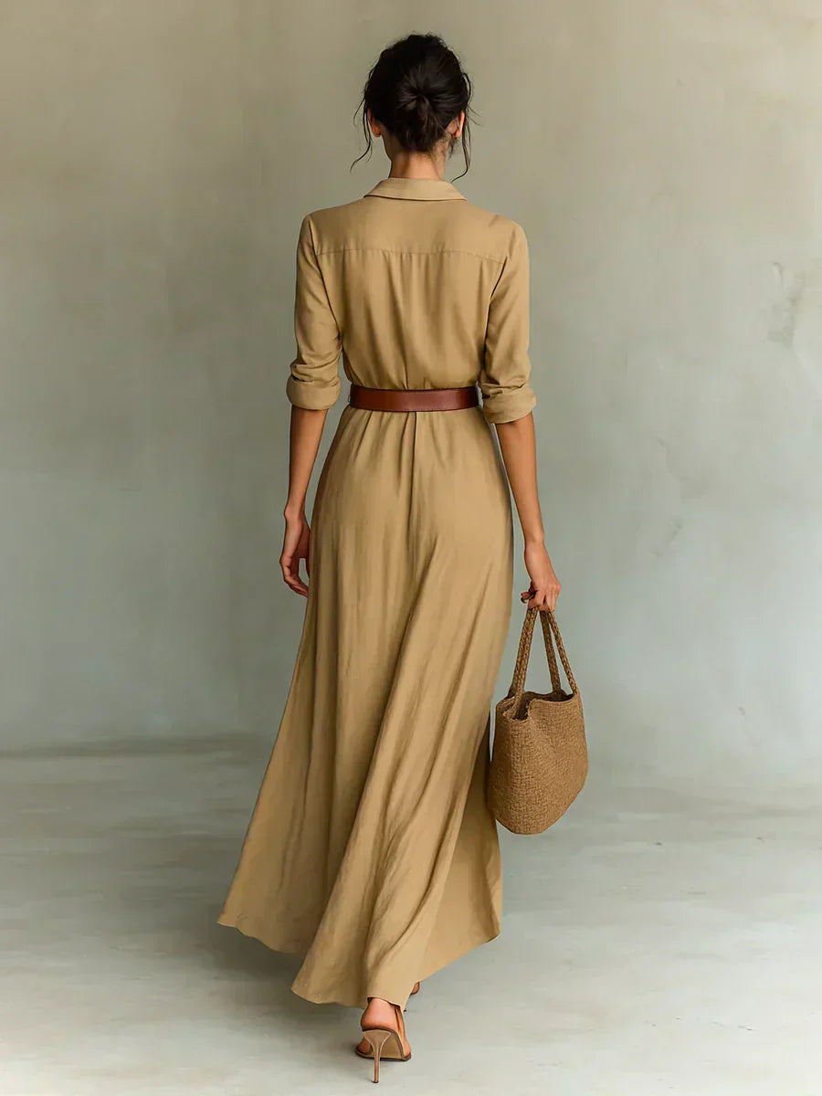 Brigitte | Robe Maxi avec Revers et Ceinture à la Taille
