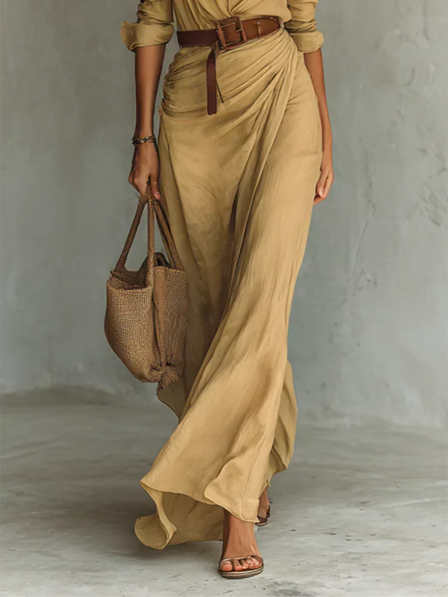 Brigitte | Robe Maxi avec Revers et Ceinture à la Taille