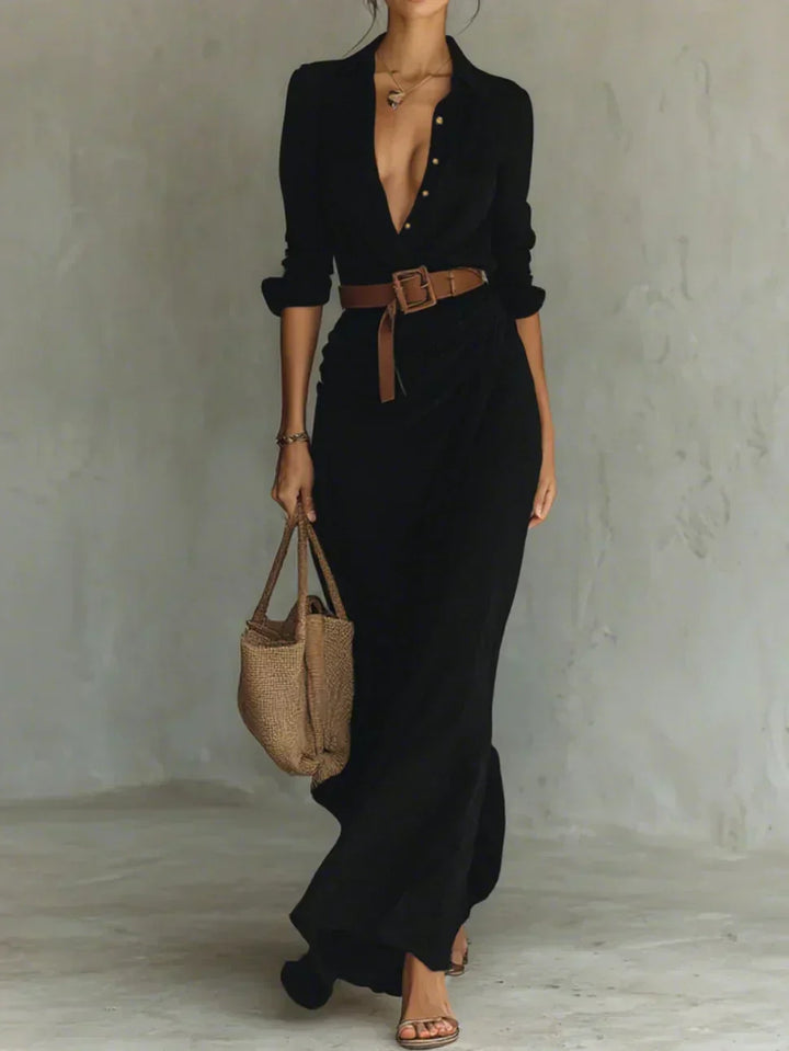 Brigitte | Robe Maxi avec Revers et Ceinture à la Taille