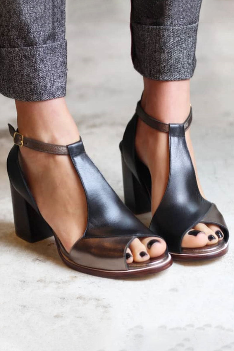 Gabrielle | Sandales à talons hauts noires avec orteil ouvert en patchwork