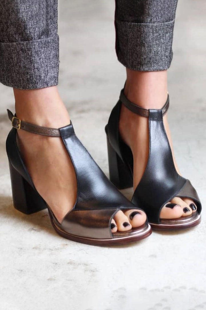 Gabrielle | Sandales à talons hauts noires avec orteil ouvert en patchwork