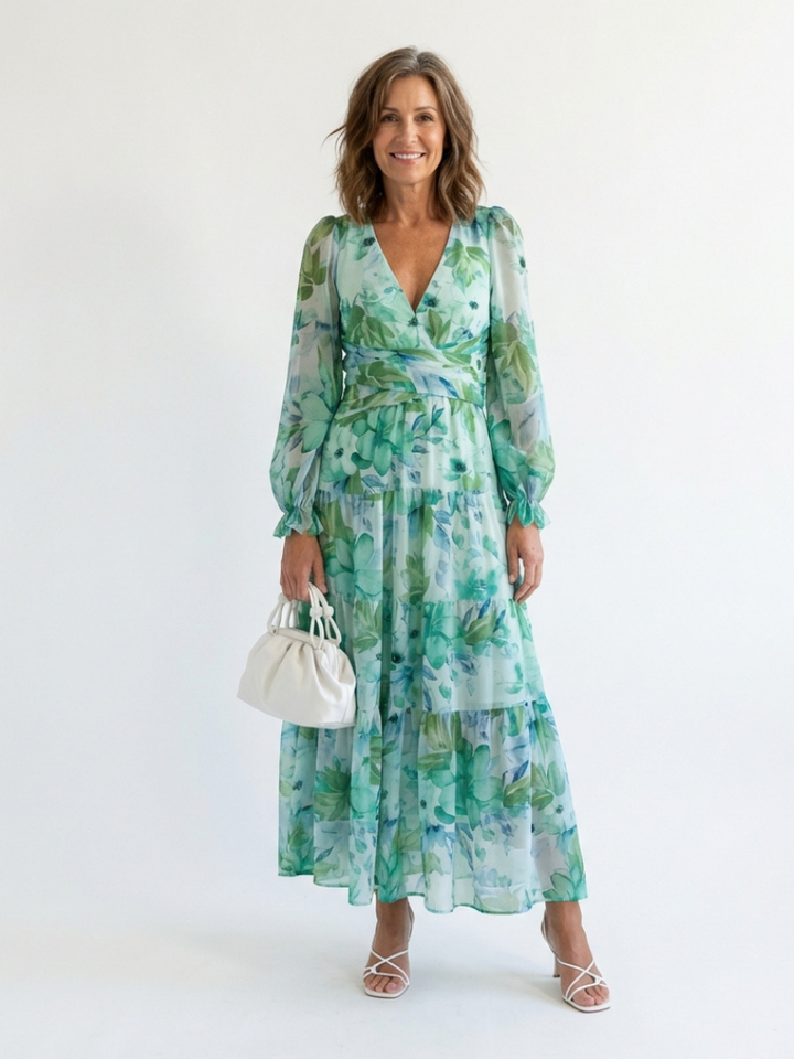 Marceline | Robe Maxi Fleurie à Manches Longues