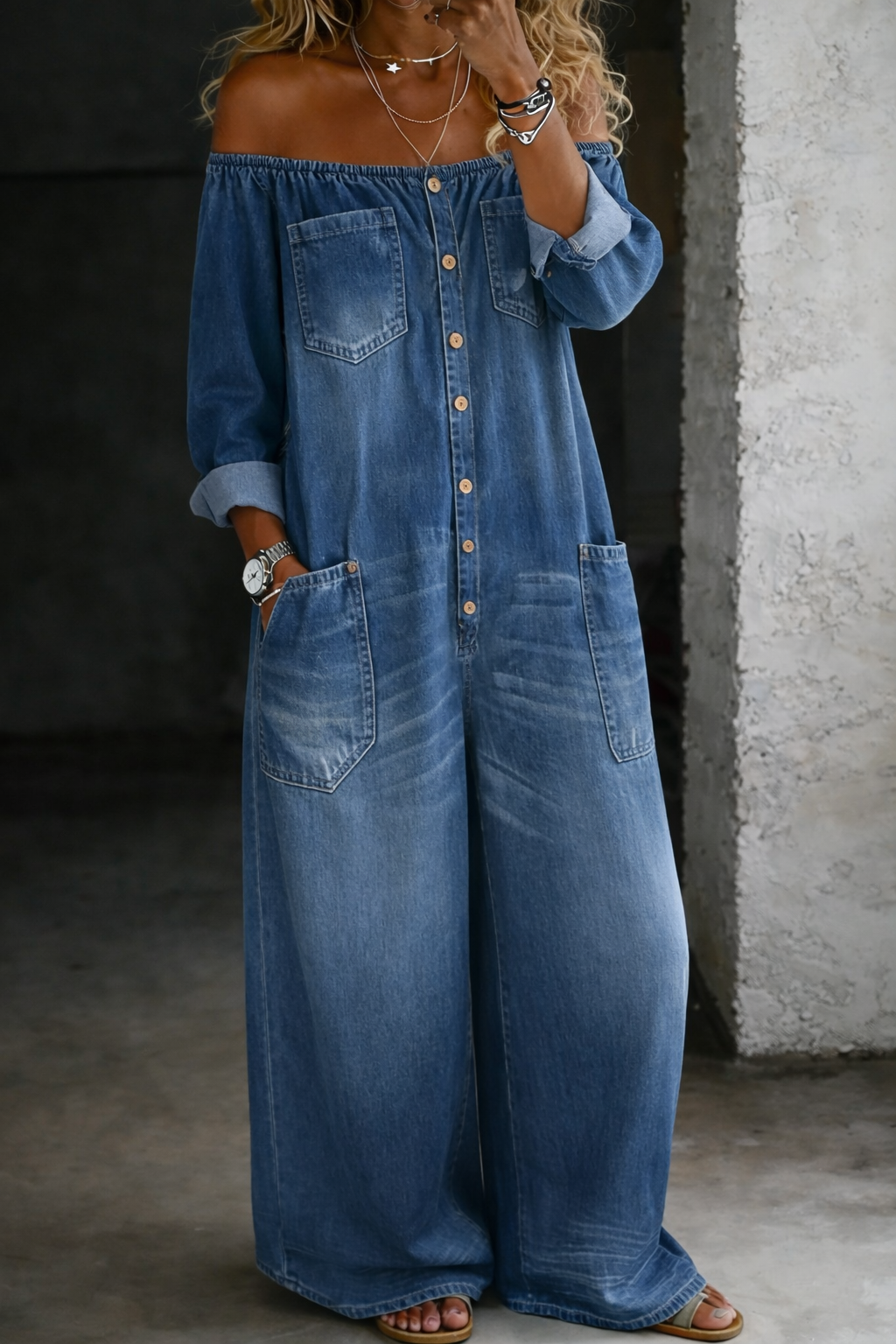 Irène™ | Combinaison en jean à épaules dénudées et manches longues