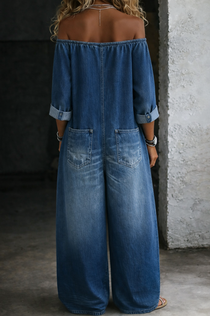 Irène™ | Combinaison en jean à épaules dénudées et manches longues