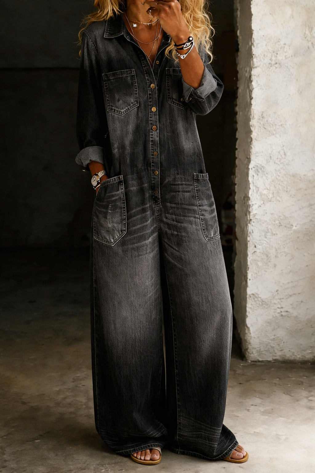 Odette™ | Combinaison en jean longue avec boutonnière et ceinture