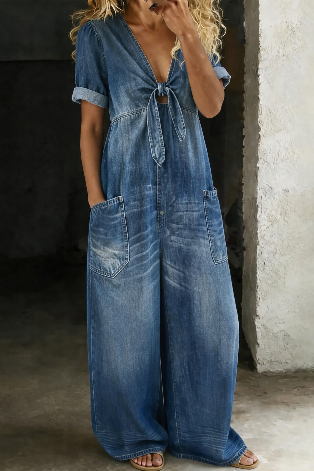 Pascale™ | Combinaison en jean à manches courtes avec décolleté en V et ceinture