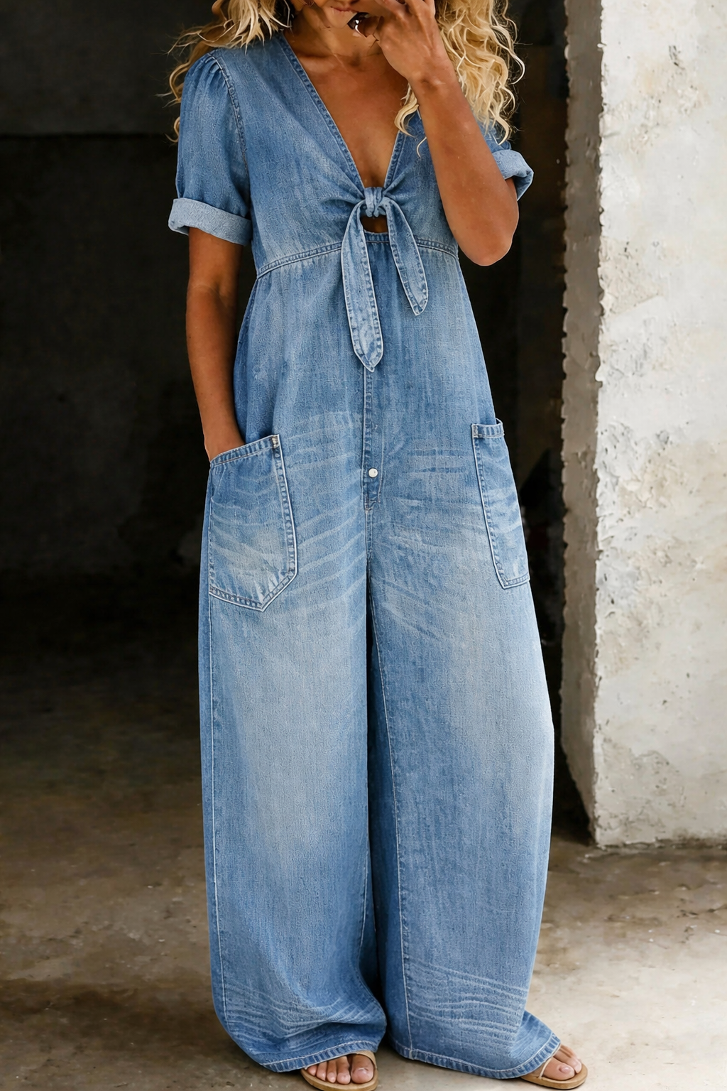 Pascale™ | Combinaison en jean à manches courtes avec décolleté en V et ceinture