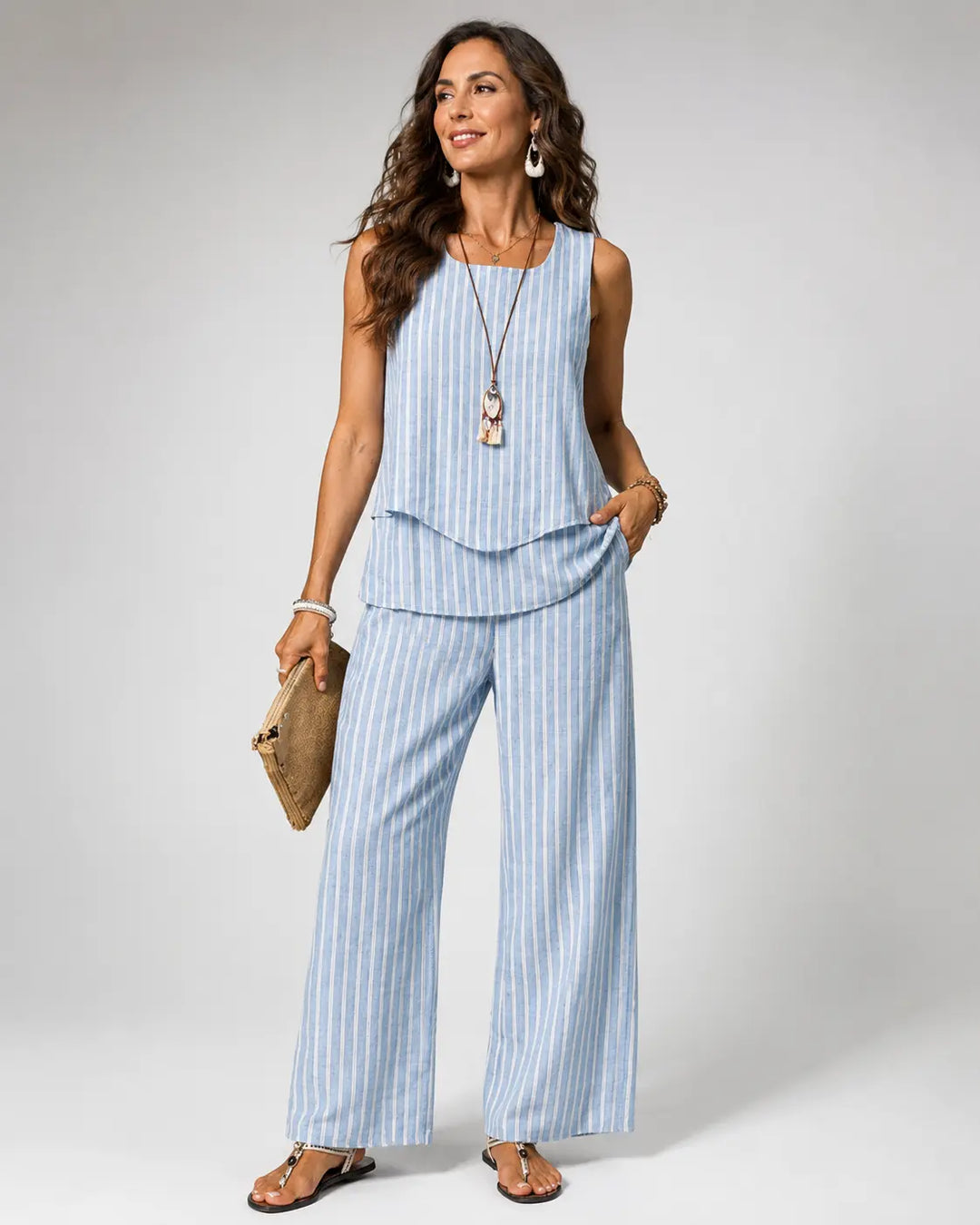 Ninon | Ensemble Top à Rayures Bleues et Pantalon Large