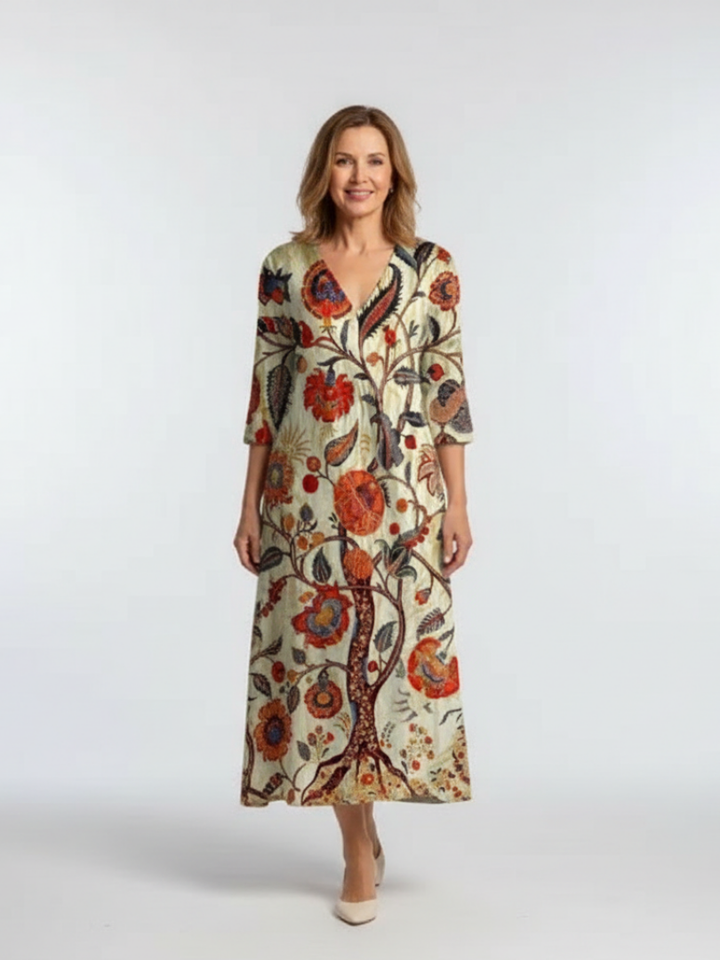 Raymonde | Robe Midi à Manches Longues et Décolleté en V à Fleurs