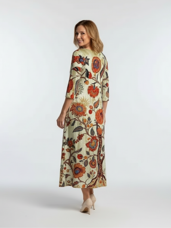 Raymonde | Robe Midi à Manches Longues et Décolleté en V à Fleurs