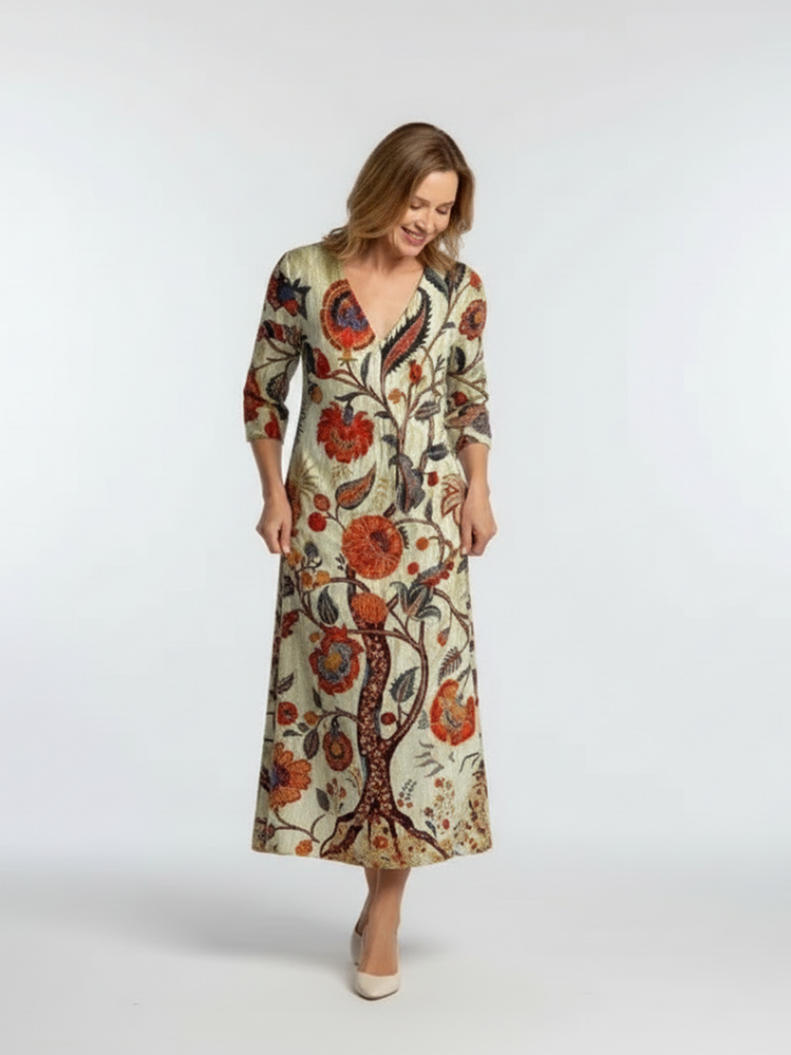 Raymonde | Robe Midi à Manches Longues et Décolleté en V à Fleurs