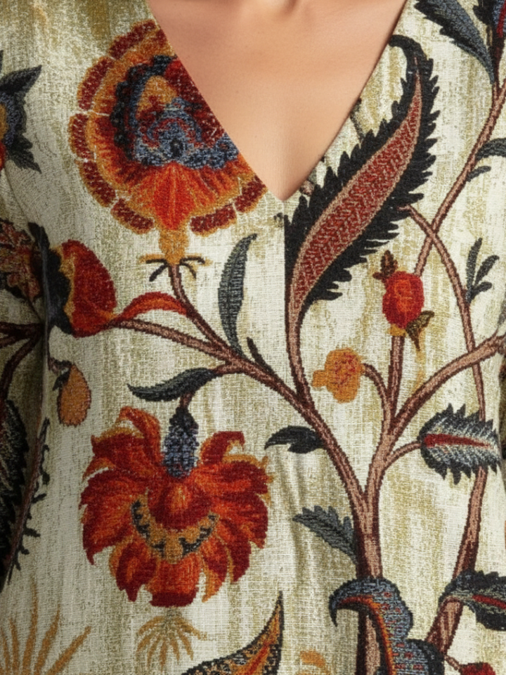 Raymonde | Robe Midi à Manches Longues et Décolleté en V à Fleurs