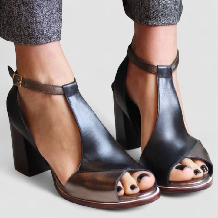 Gabrielle | Sandales à talons hauts noires avec orteil ouvert en patchwork