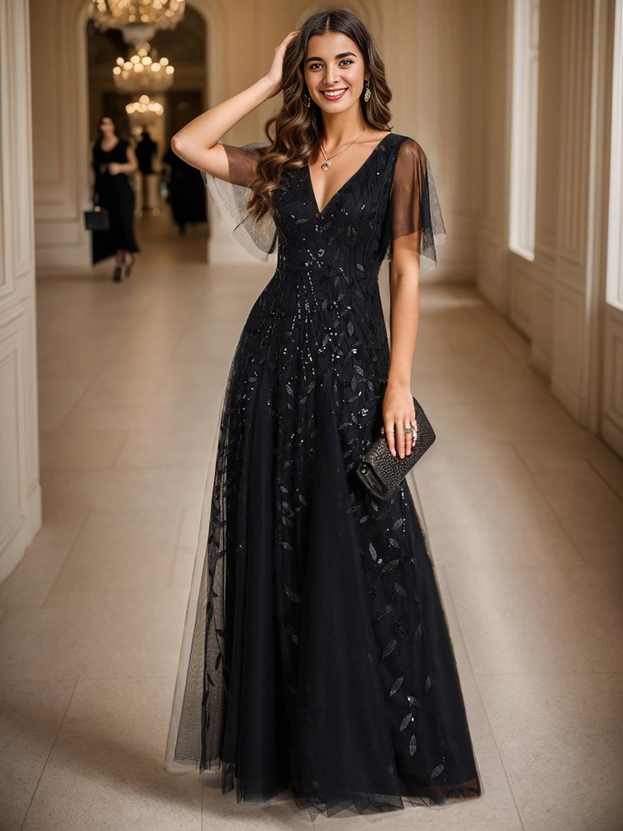 Prudence | Robe de Soirée Longue Romantique Étincelante avec Décolleté en V et Bretelles