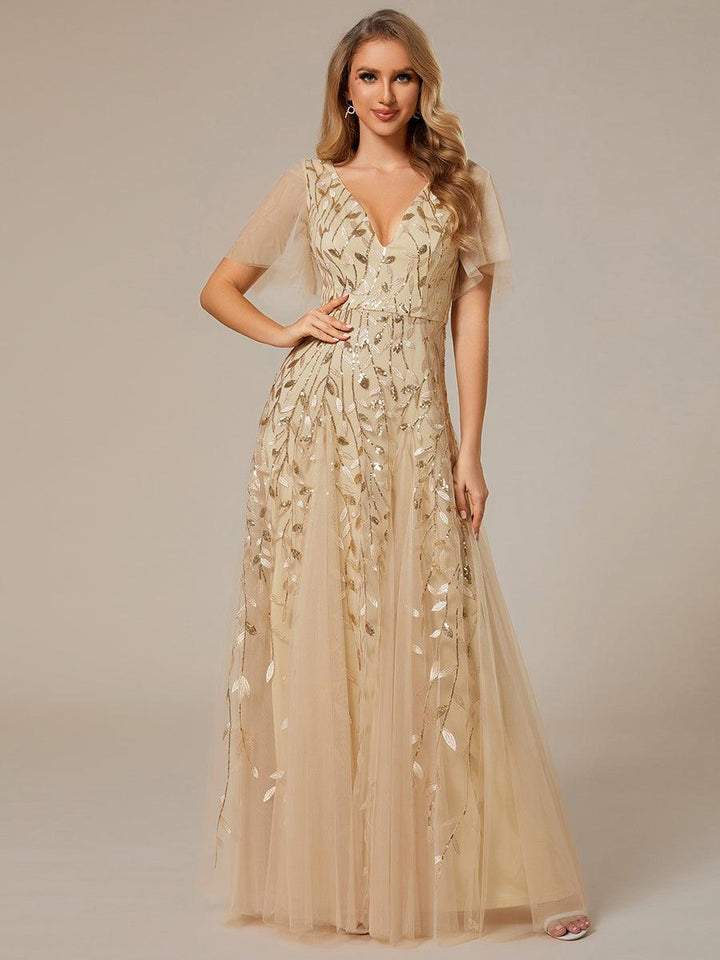 Prudence | Robe de Soirée Longue Romantique Étincelante avec Décolleté en V et Bretelles