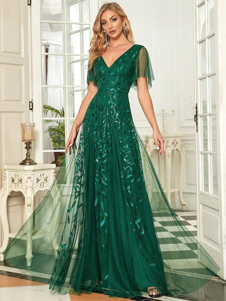 Prudence | Robe de Soirée Longue Romantique Étincelante avec Décolleté en V et Bretelles