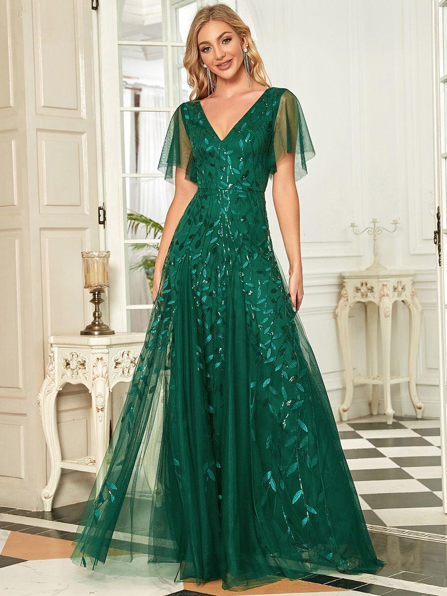 Prudence | Robe de Soirée Longue Romantique Étincelante avec Décolleté en V et Bretelles