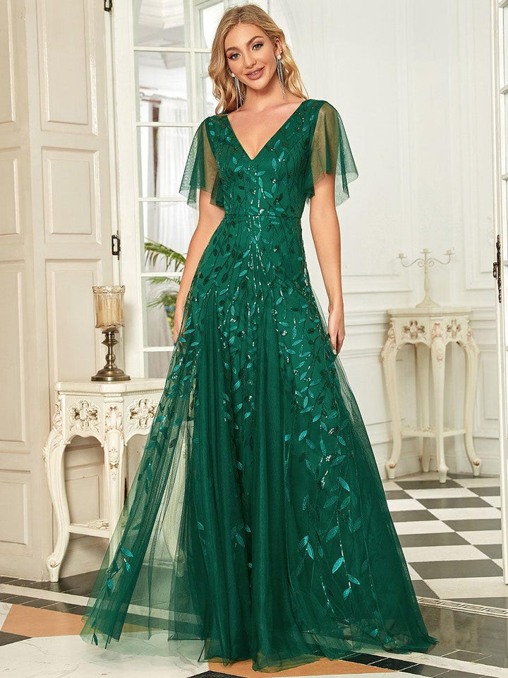 Prudence | Robe de Soirée Longue Romantique Étincelante avec Décolleté en V et Bretelles