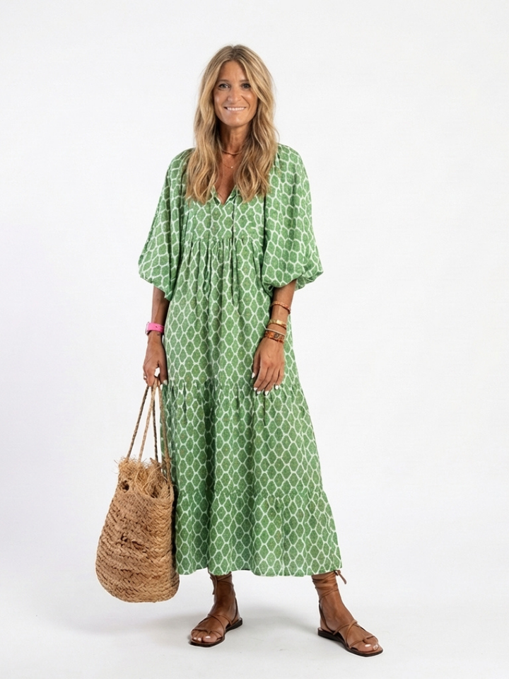 Oceane | Robe midi avec motif, manches trois-quarts et décolleté en V