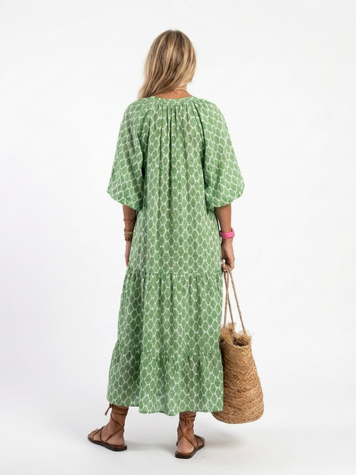 Oceane | Robe midi avec motif, manches trois-quarts et décolleté en V