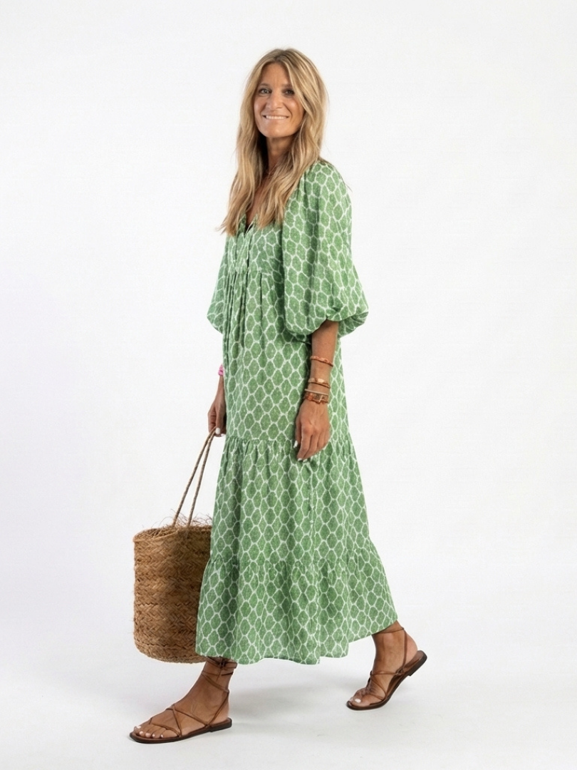 Oceane | Robe midi avec motif, manches trois-quarts et décolleté en V