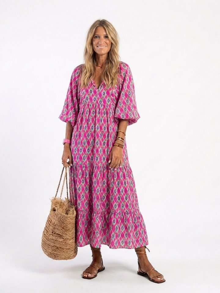Oceane | Robe midi avec motif, manches trois-quarts et décolleté en V