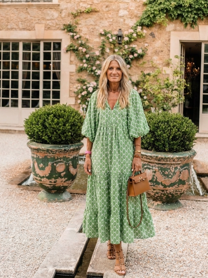 Oceane | Robe midi avec motif, manches trois-quarts et décolleté en V