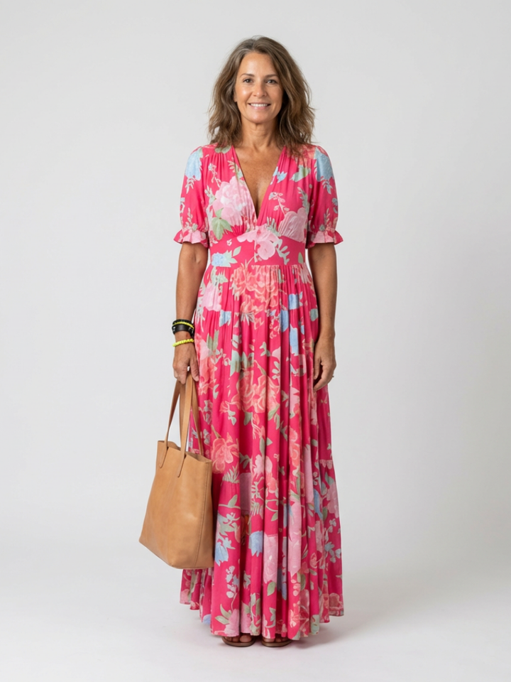 Mélanie | Robe Midi Florale Sans Manches avec Décolleté en V