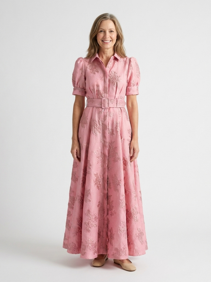 Yvette | Robe maxi à manches courtes et ceinture florale